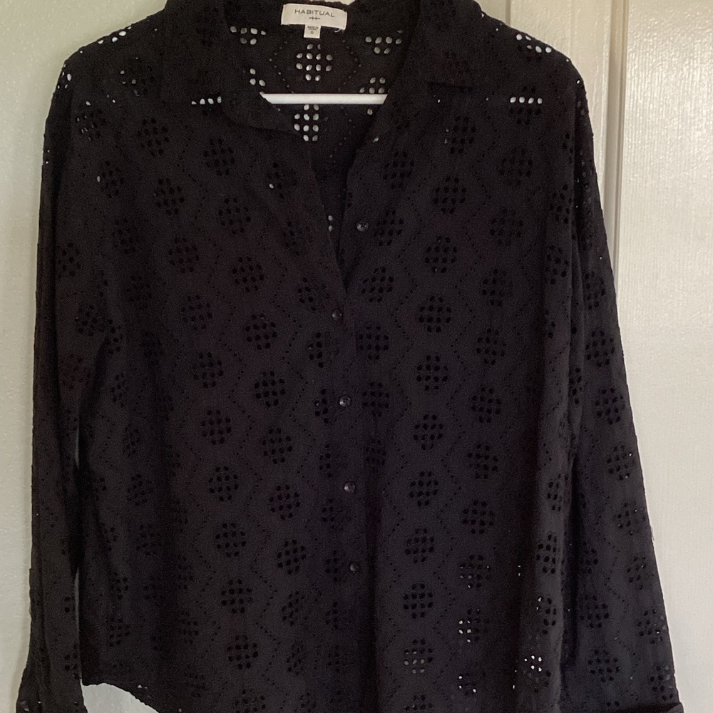 Habitual Black Cotton Eyelet Long Sleeve Button Down